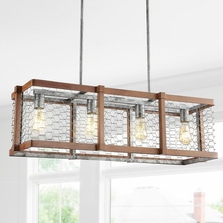 Gatsby 34.5" Linear 4-Light Adjustable Iron Rustic Industrial LED Pendant, Brown/Silver by JONATHAN Y