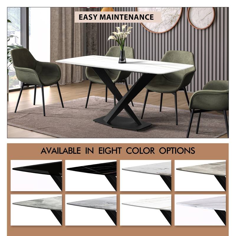 Voren Dining Table with Stone or Glass Tabletop in Black Steel Base