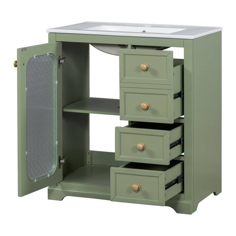 30''/36'' Bathroom Vanity with Sink, 3 Drawers Bathroom Storage Cabinet with Soft-Close Glass Door and Adjustable Shelf