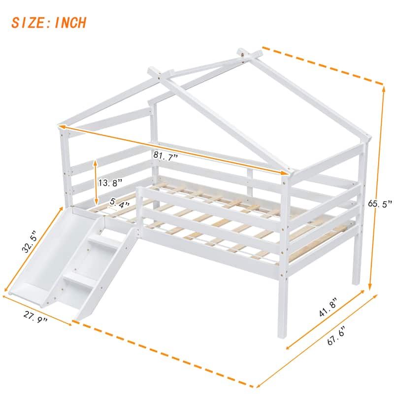 Roomfitters Twin Low Loft House Bed with Slide and Ladder, Safety Guardrails, House Roof Frame, No Box Spring Needed