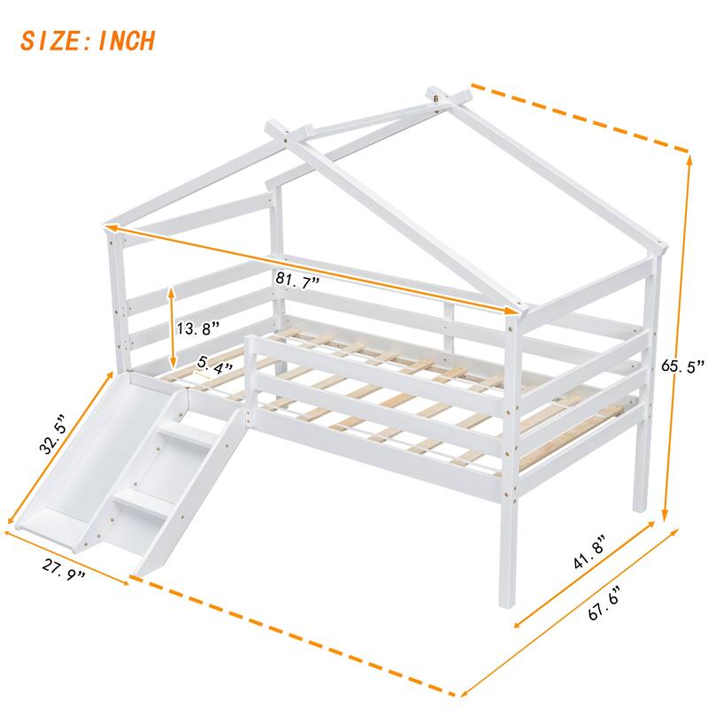 White Twin Low Loft House Bed with Slide, Ladder, Safety Guardrails, House Roof Frame