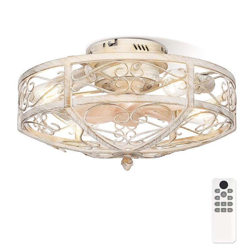 20 Inch Indoor White and Gold Low Profile Cage Ceiling Fan with Light - 20 Inches