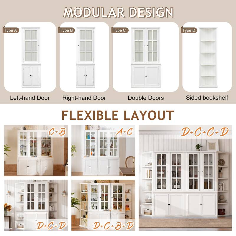 2 Piece Double Glass Doors Pantry Cabinet Set, Large Kitchen Hutch Storage Cabinet with Shelves 75" Modern Coffee Bar Cabinets