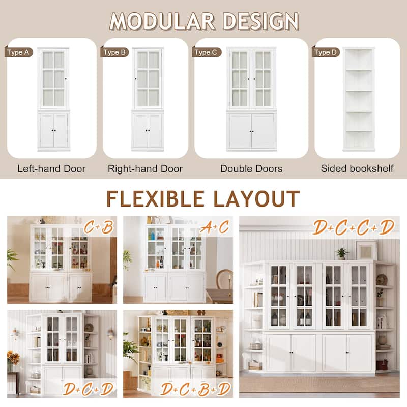 Roomfitters 75.25'' Pantry Cabinet with Glass Door, Farmhouse Hutch Display Cabinet with Storage for Kitchen, White
