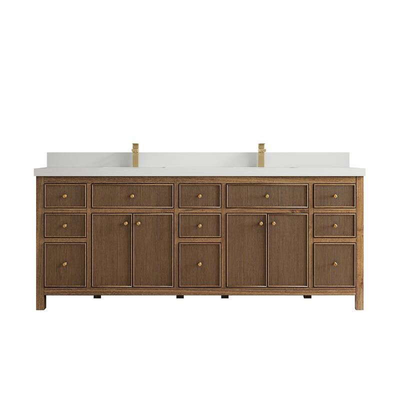 Willow Collections 84 in. W x 22 in. D Sonoma Teak Double Sink Bathroom Vanity with Countertop - 2" White Quartz - Dark Natural