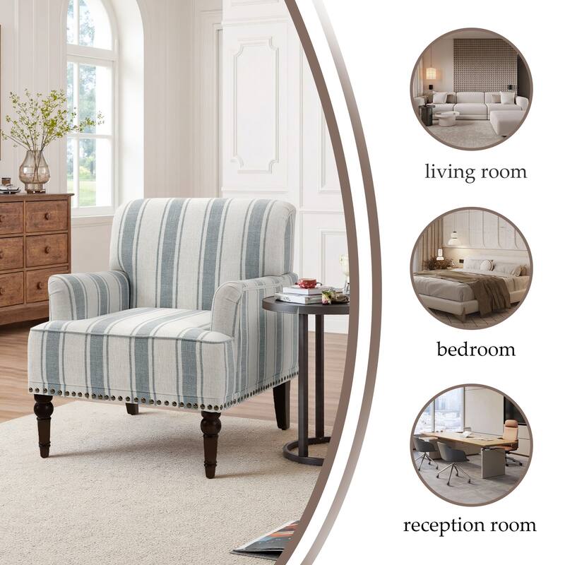 Striped Upholstered Linen Armchair with Brass Nailhead Trim