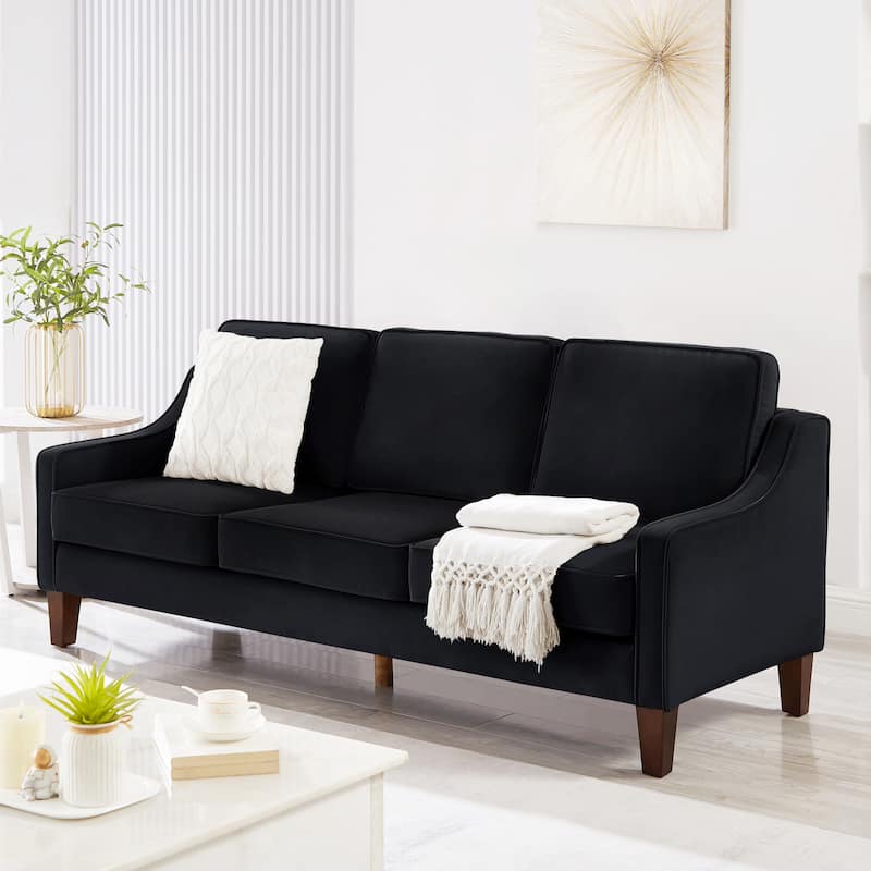Modern 74" Velvet 3-seater Upholstered Sofa with Scooped Armrest and Removable Cushions for Living Room