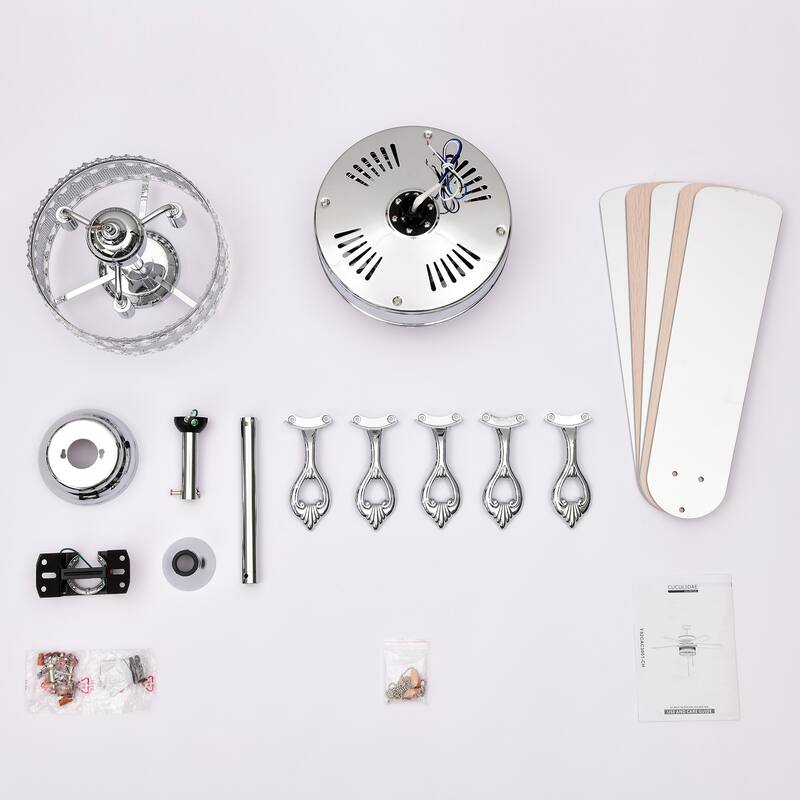 52'' Classical Crystal Ceiling Fan Lamp 5 Reversible Blades,Chrome(Hand Pull Chain)