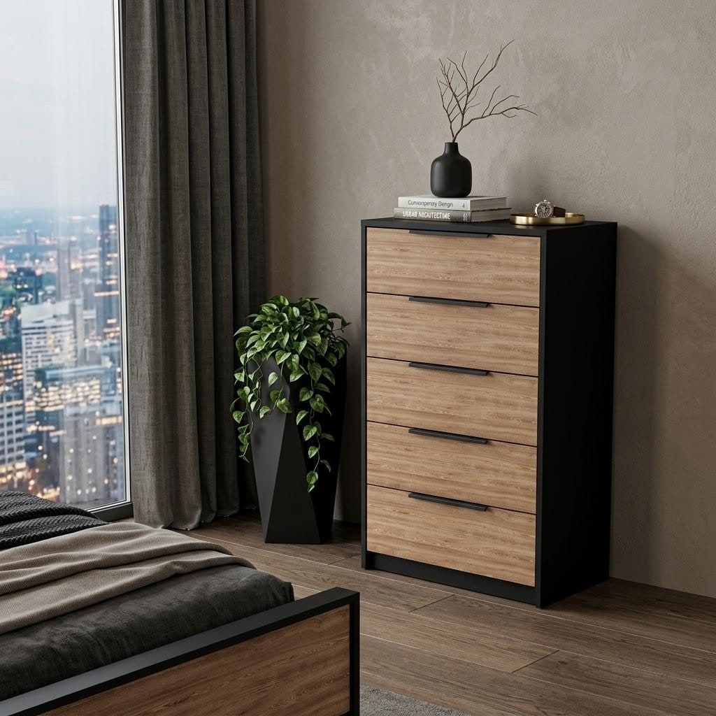 HomeRoots 18" Black And Light Brown Wood Five Drawer Dresser