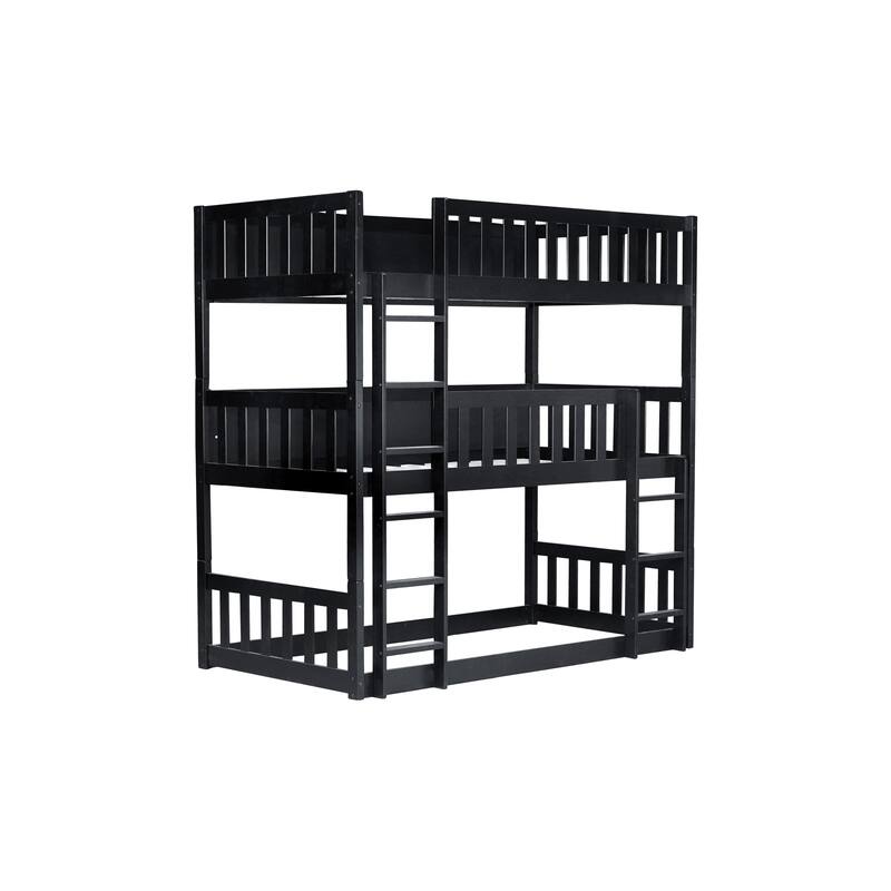 Roomfitters Twin Triple Bunk Bed, Rubber Wood Detachable Design with Ladders and Guardrails, Twin over Twin over Twin
