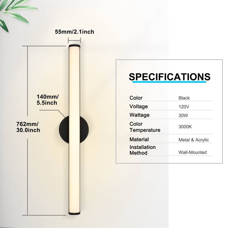 Modern 30" Black LED Bathroom Light