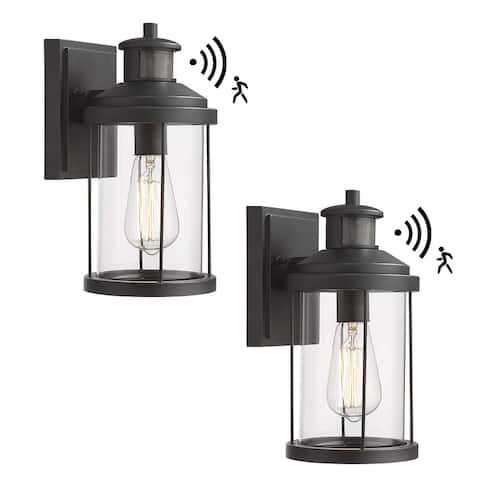 Outdoor Wall Sconce with Motion Sensor, 2-Pack Exterior Wall Light Black Finish with Clear Glass Shade