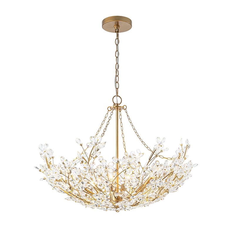 French Luxury Antique Brass Bloom Crystal Flower Chandelier - 28in
