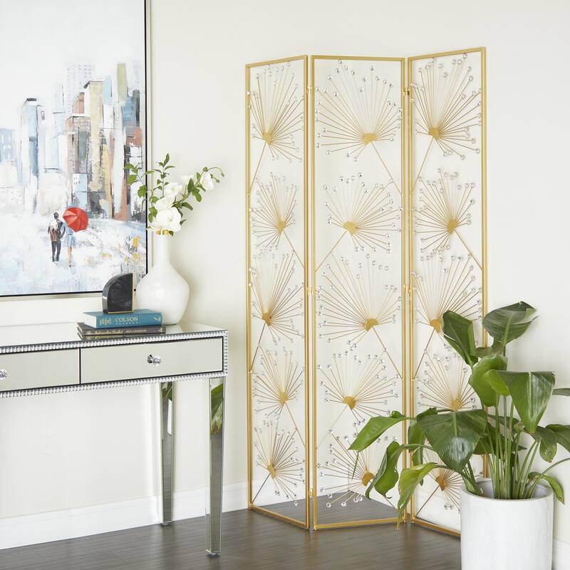 Gold Metal Hinged Foldable Partition 3 Panel Floral Partition Room Divider Screen with Crystal Embellishments - 46 x 1 x 71 - Gold