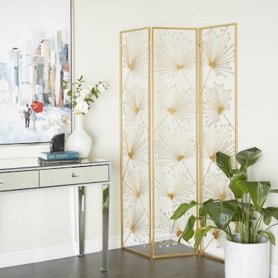 Gold Metal Hinged Foldable Partition 3 Panel Floral Partition Room Divider Screen with Crystal Embellishments - 46 x 1 x 71