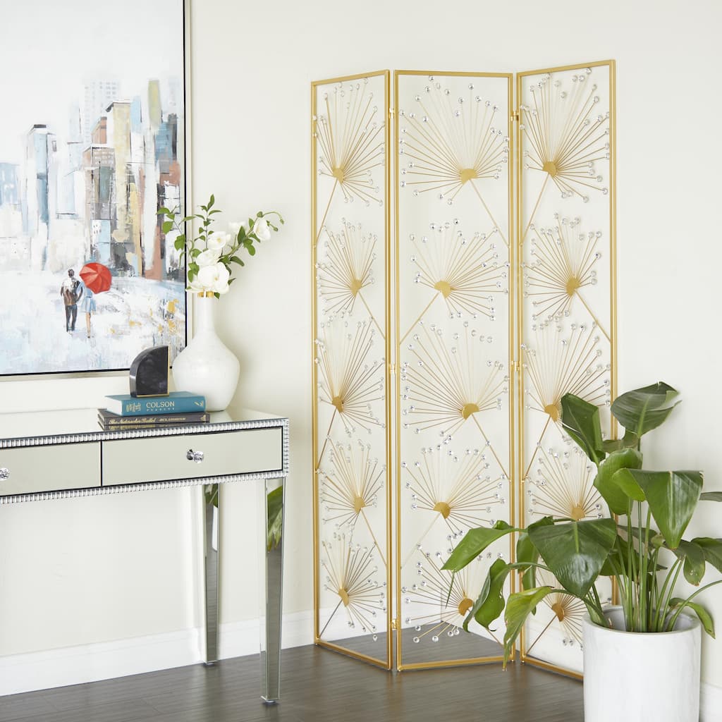 Gold Metal Hinged Foldable Partition 3 Panel Floral Partition Room Divider Screen with Crystal Embellishments - 46 x 1 x 71