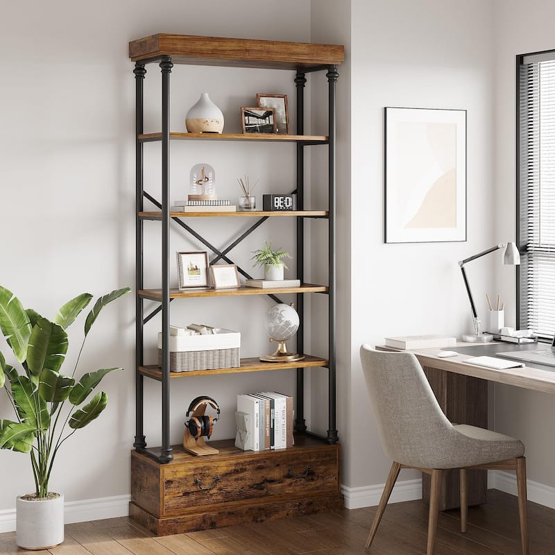 Bookshelf with Drawers,81.29" Tall, 5 - Tier Vintage Bookcase, Metal - Frame Shelf