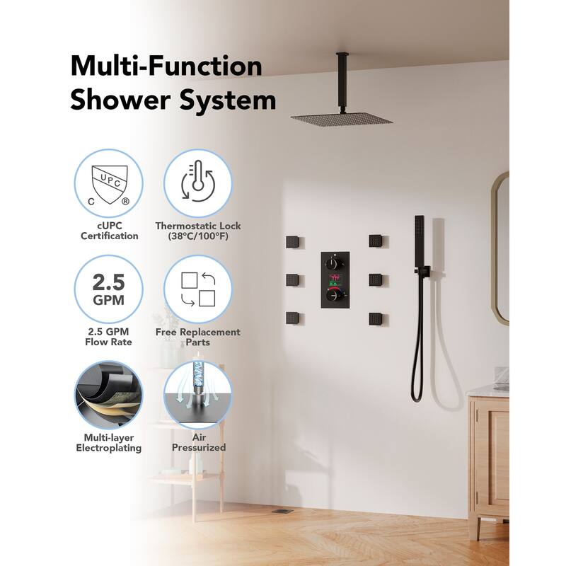 Pressure-Balanced Rainfall Shower System with LCD Display, 12" Ceiling Mount Shower Faucet Set with Body Jets