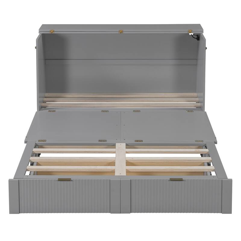 Queen Size Wall Bed with Drawer, USB Ports & Smooth Pulley Mechanism, Space-Saving Gray Cabinet Bed