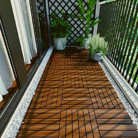 NOVO Solid Acacia Deck Tiles 06 Slats Interlocking Flooring Tiles Striped Pattern (10 Pack) - 12" x 12"10P