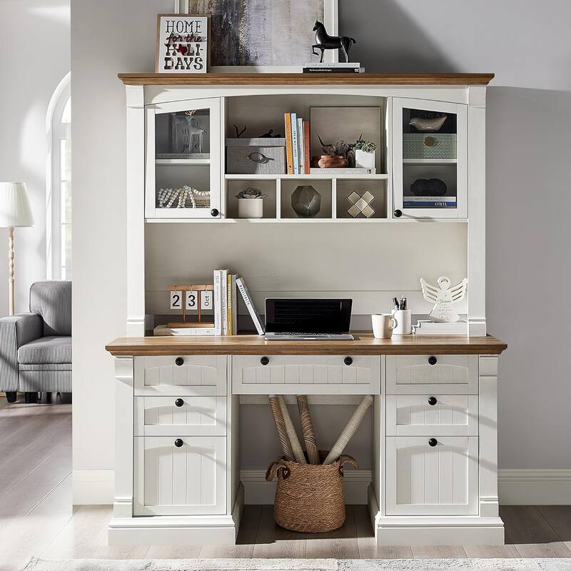 Farmhouse Computer Desk with Hutch, Wood Home Office Desk