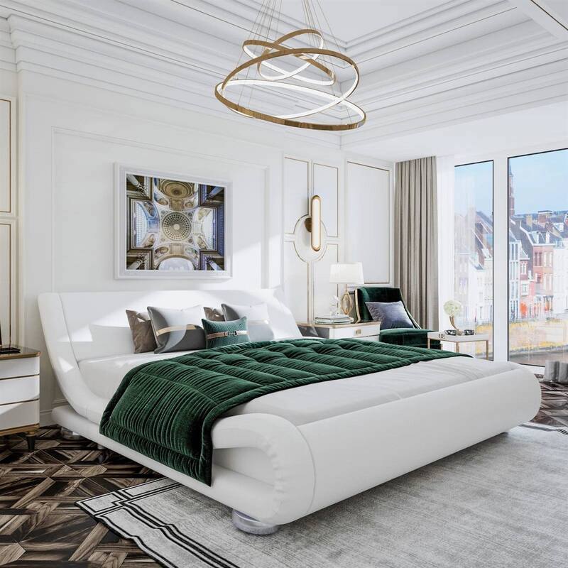 Upholstered White Platform Bed Frame with Curved Headboard and PU Leather