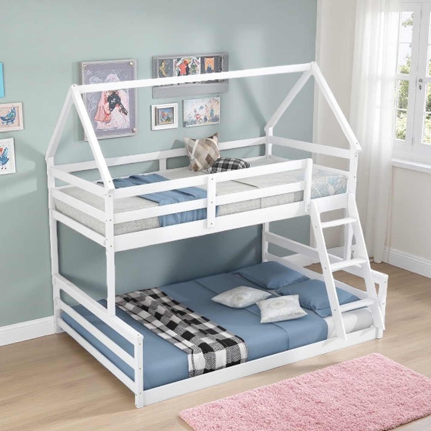 Twin over Full House-Style Bunk Bed with Built-In Ladder and Guardrails, Convertible into Two Beds