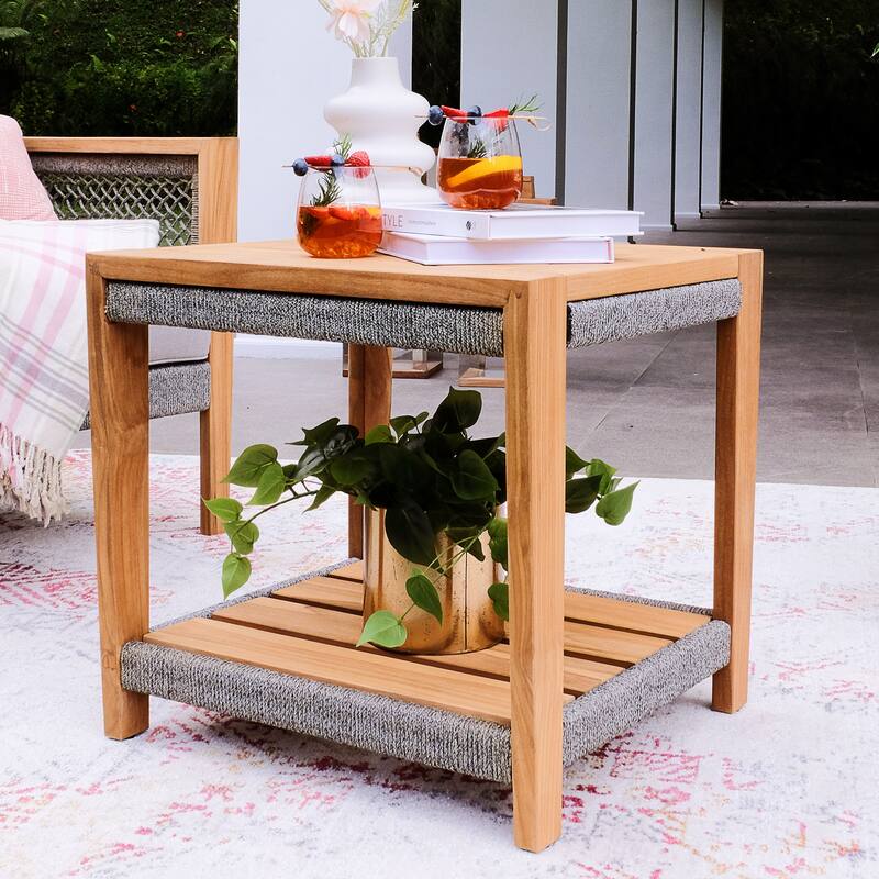 Cambridge Casual Nassau Teak Outdoor Side Table with Shelf - Natural Teak/Gray Polyrope