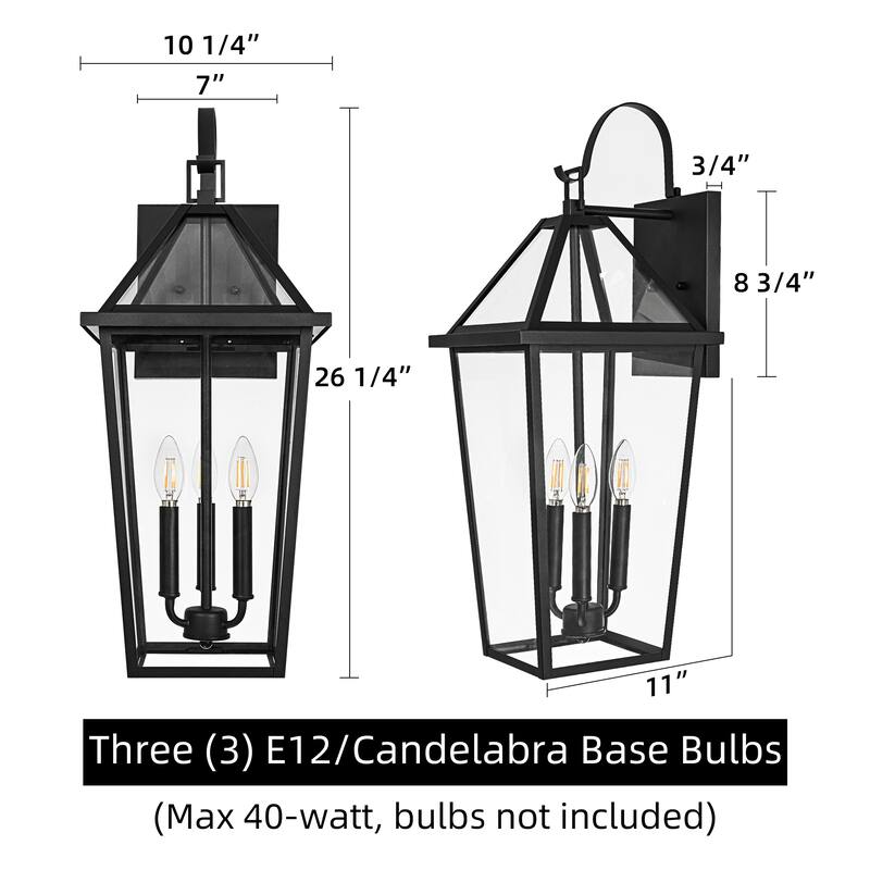 26 in. 3-Light Black Outdoor Hardwired Wall Lantern Sconce with Clear Glass Shade