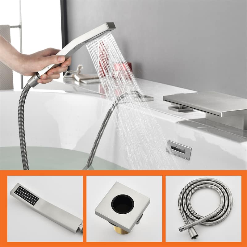 Deck Mount Waterfall Tub Faucet with Handheld Shower Brass 4 Holes Modern Roman Bathtub Filler with Hand Sprayer