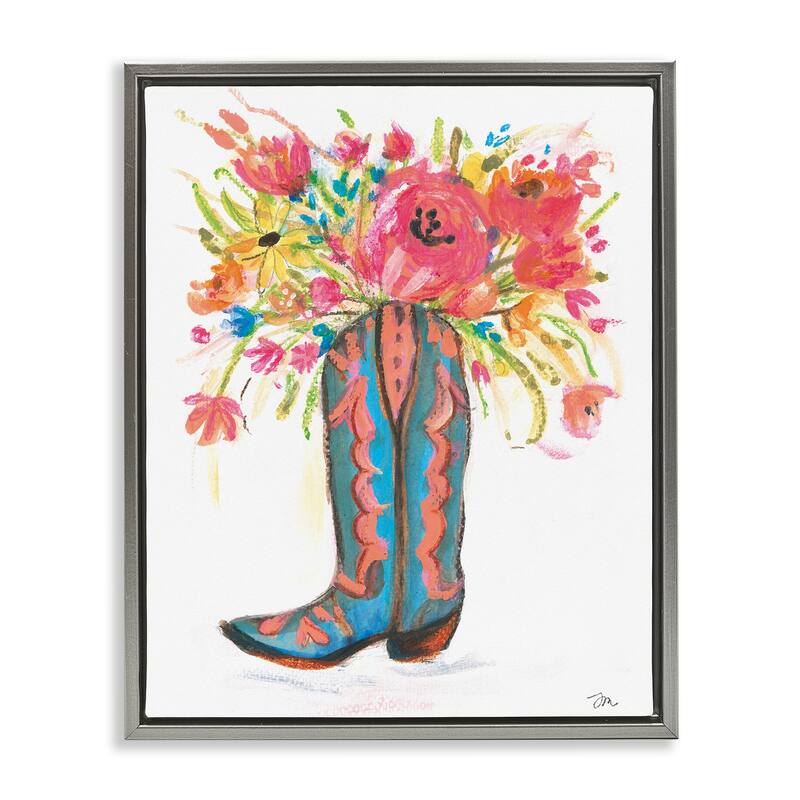 Stupell Floral Cowgirl Boot Pastels Framed Floater Canvas Wall Art Design By Jessica Mingo - 17 x 21 - Grey