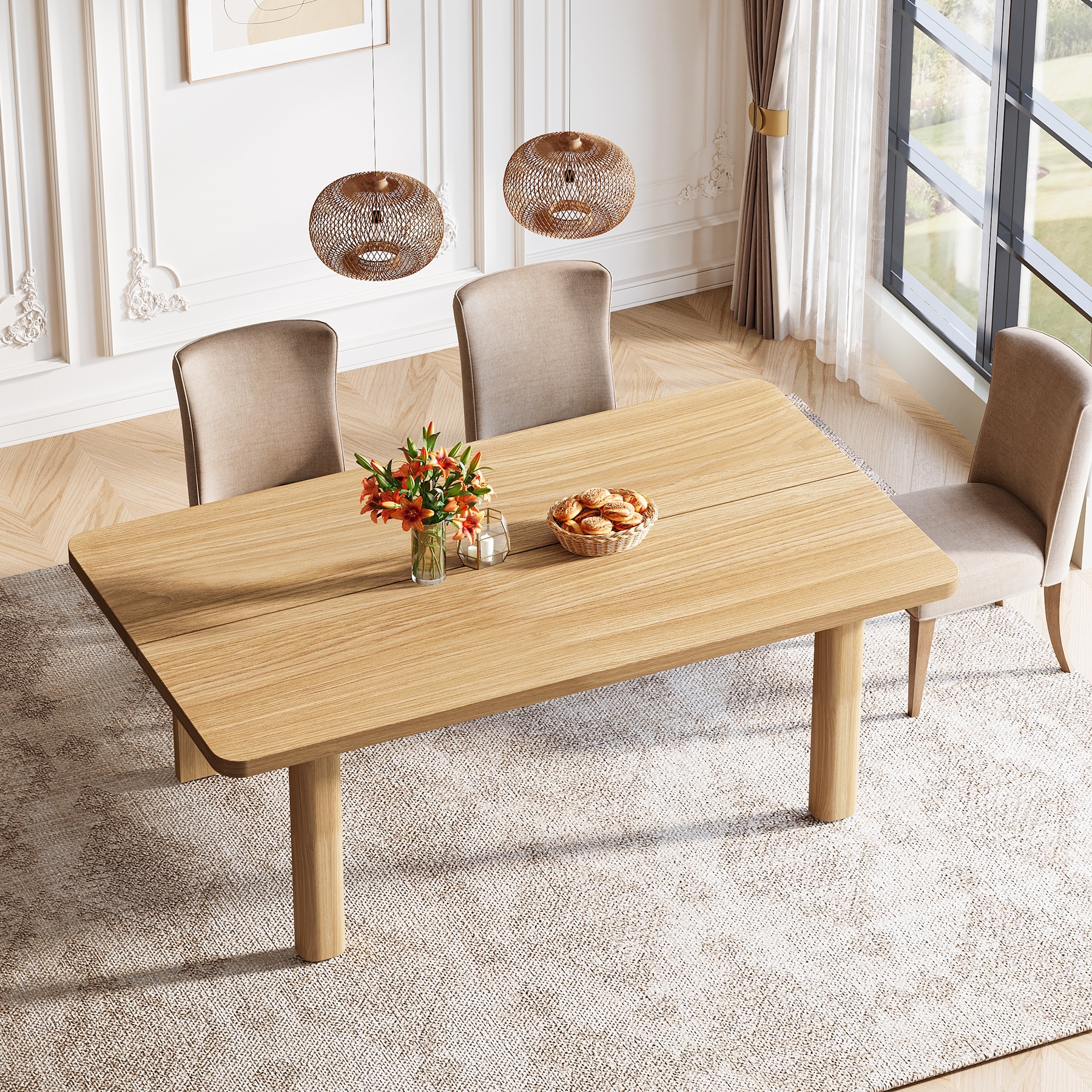 Wood Dining Table, 63'' Farmhouse Kitchen Table with Solid Wood Legs