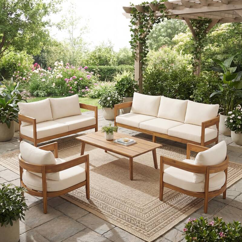 Christopher Knight Home - Brooklyn 5-Piece Outdoor Acacia Wood Patio Conversation Set with Wooden Slatted Coffee Table - Light Brown+Beige Cushion
