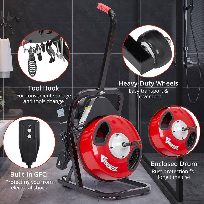 50 Ft X 1/2 Inch Drain Cleaner Machine for 1 to 4 Inch Pipes
