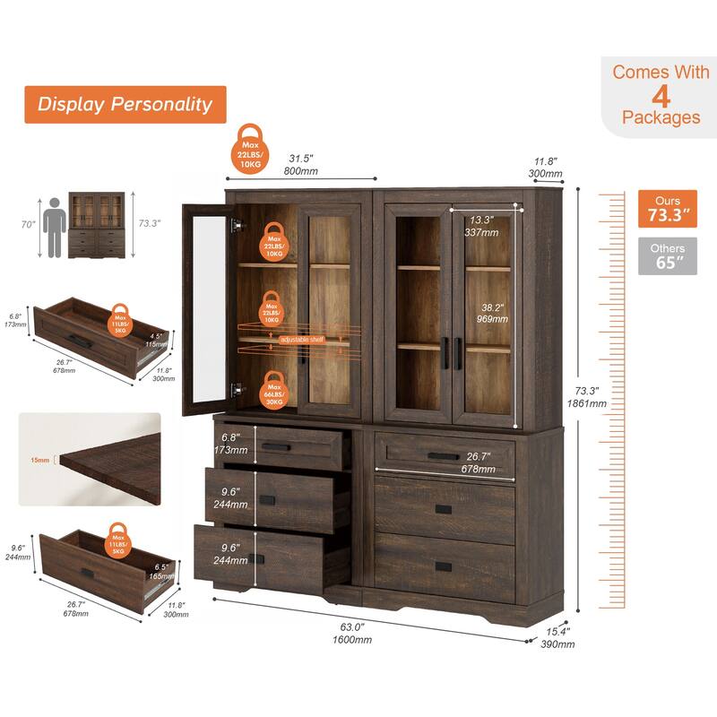 3 Tier Bookcase with Drawer,73.3" Tall Floor Standing Bookshelf