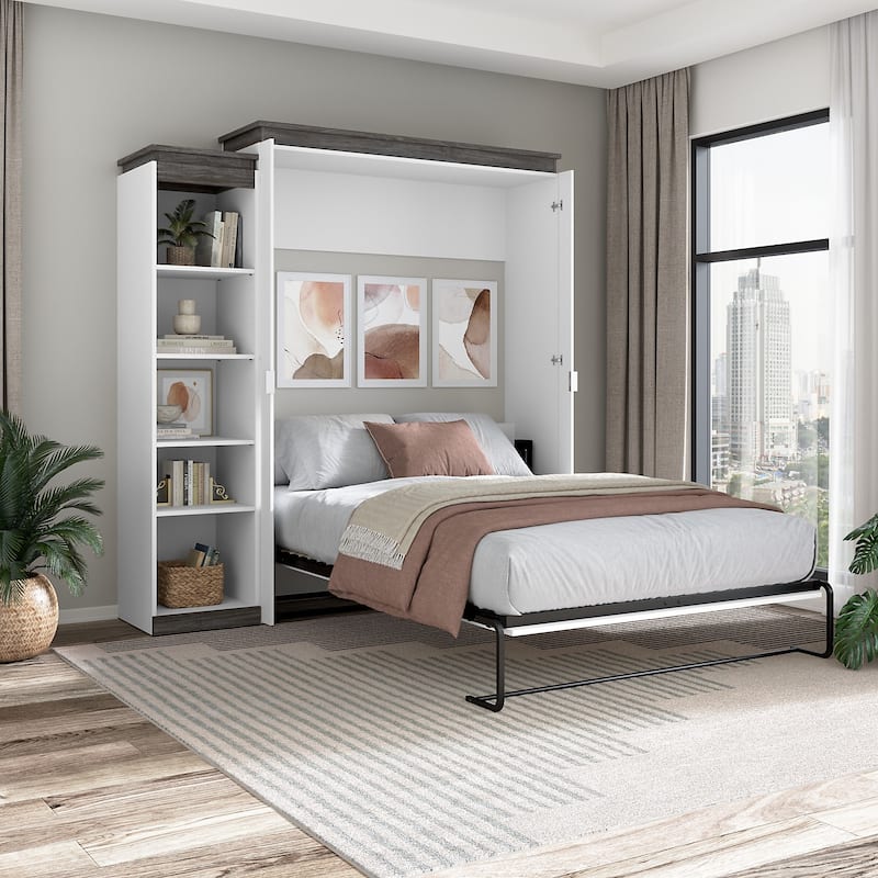 Orion Queen Murphy Bed with Shelves (87W) by Bestar - White & Walnut grey