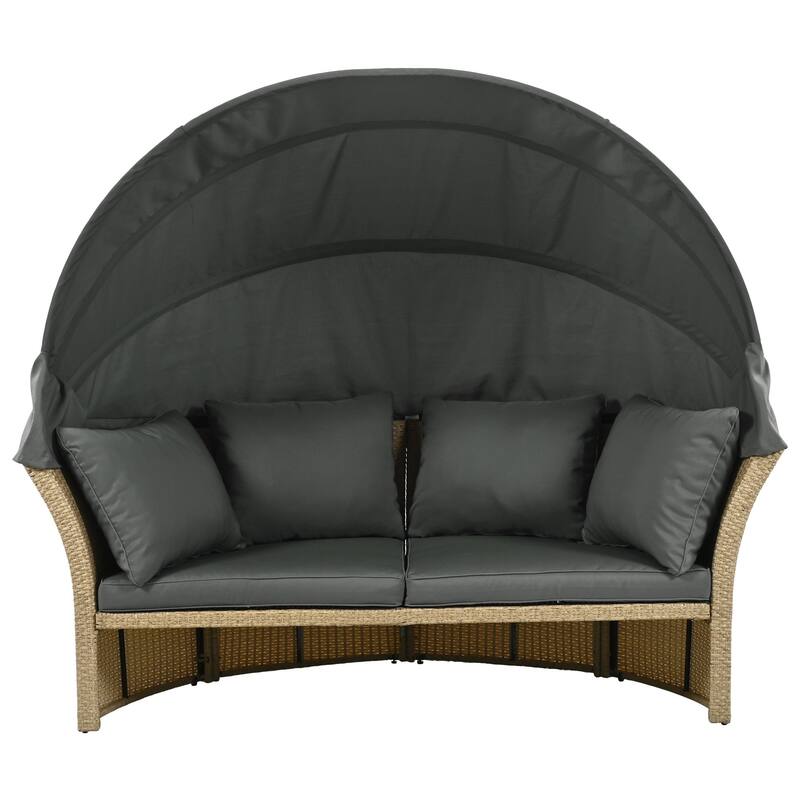 Brown Wicker Rattan Outdoor Day Bed with Gray Cushions and Gray Retractable Canopy