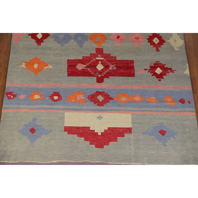 Hand Knotted Oriental 100% Wool Carpet Modern Geometric Greys & Charcoal Gabbeh Area Rug - 9' 1'' X 6' 0''