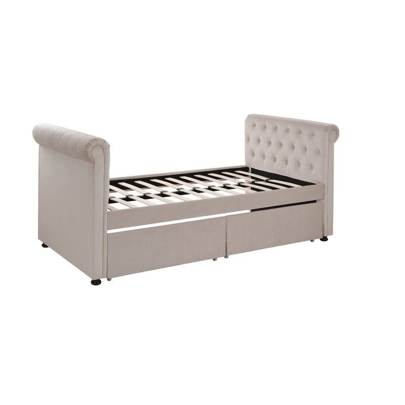 Twin Size Upholstered Daybed with Drawers, Wood Slat Support, No Box Spring Needed