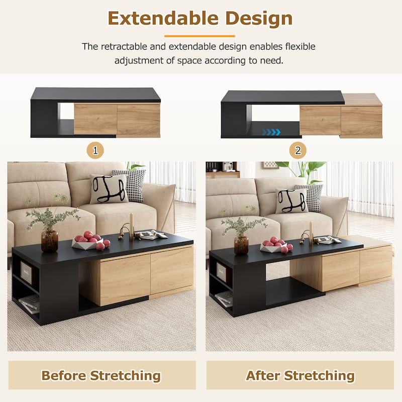 Modern Coffee Table with Extendable Sliding Tabletop and 2 Drawers