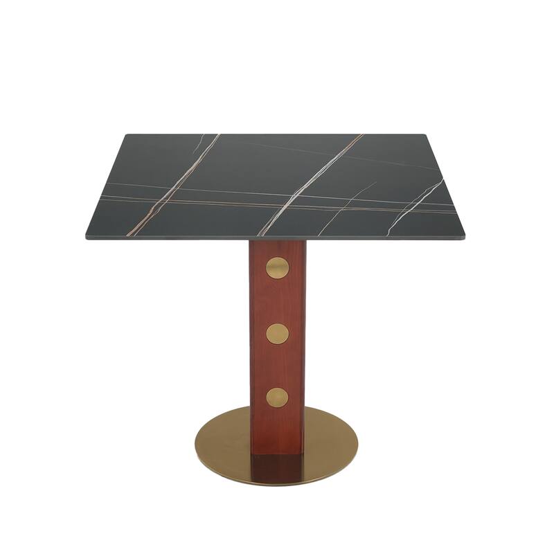 Modern Square Dining Table, 33.5" Sintered Stone Table with Wooden Leg & Gold Base, 2 - Person Kitchen Table for Small Space