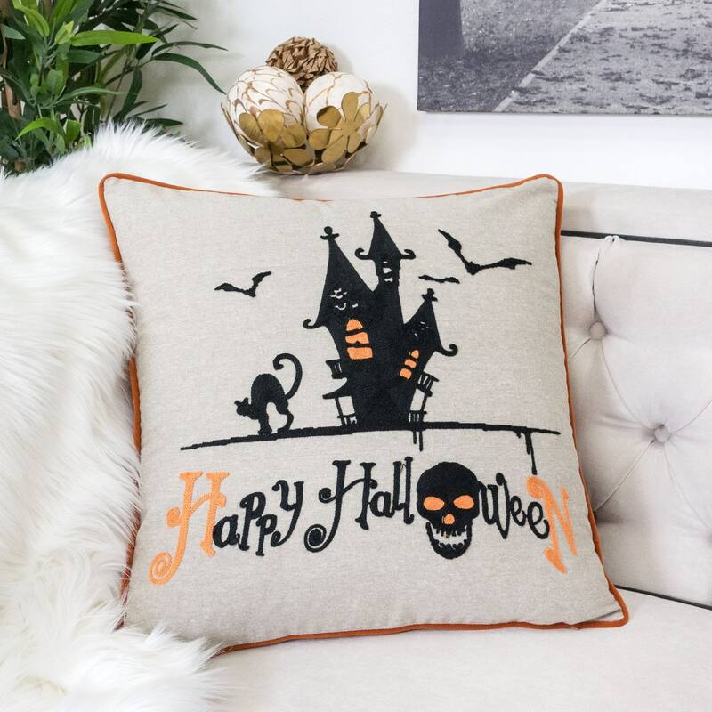 Happy Halloween Haunted House Linen Polyester 20"x20" Black Throw Pillow with Insert