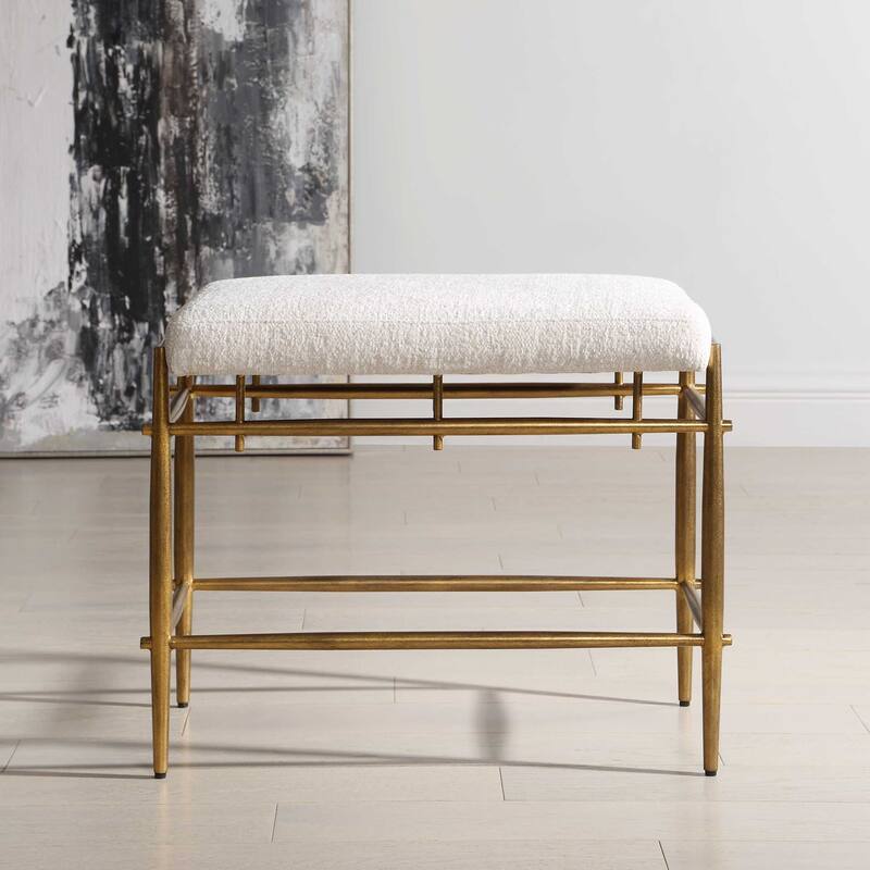 Uttermost Karleen Plush White Small Brass Bench - 25.75" W x 21" H x 15" D