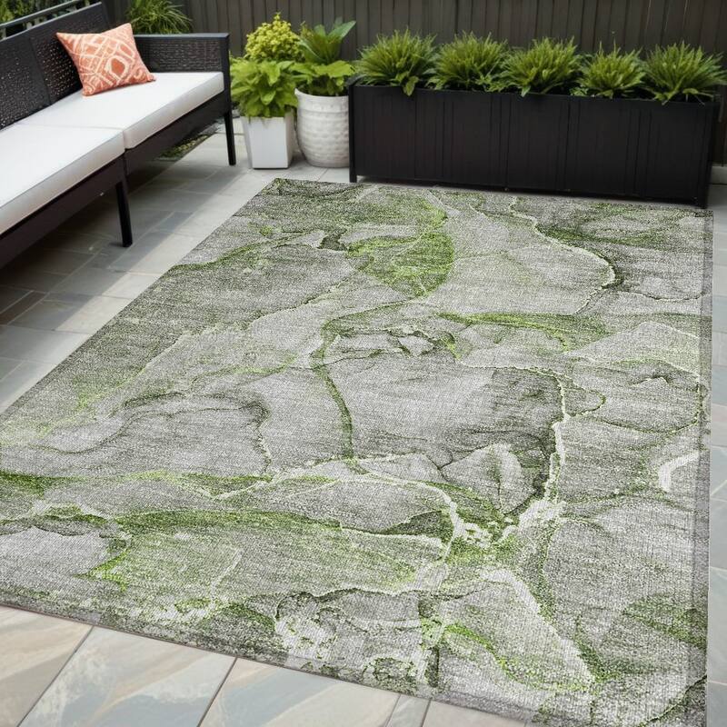 Allus Artistic Abstract Weather Resistant Classic Meets Modern Outdoor Rug - 5' X 8' - Green
