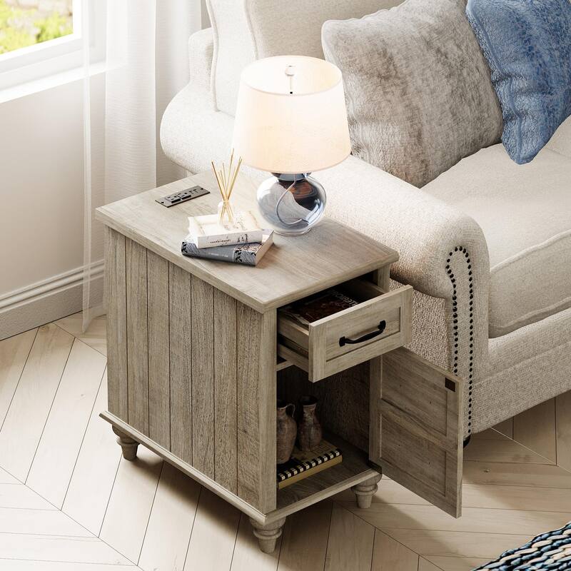 End Table with Charging Station, Side Table with Storage, Power Outlets & Type-C USB Ports for Living Room