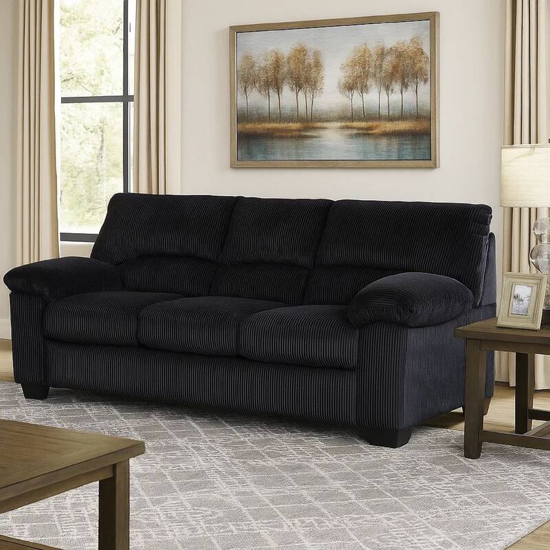 Simy Sofa, 83 Inch Black Polyester Corduroy, Modern Plush Pillow Arms