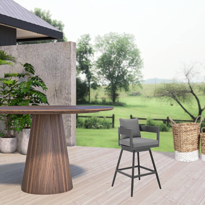 HomeRoots 34" Dark Gray Metal Swivel Low back Outdoor Counter Height Bar chair with Footrest - Dark Gray