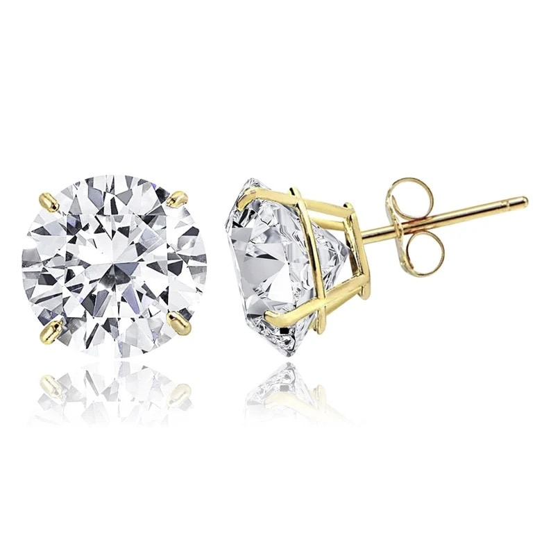 Curata 14k Solid Gold Round Cubic Zirconia Basket-set Pushback Stud Earrings