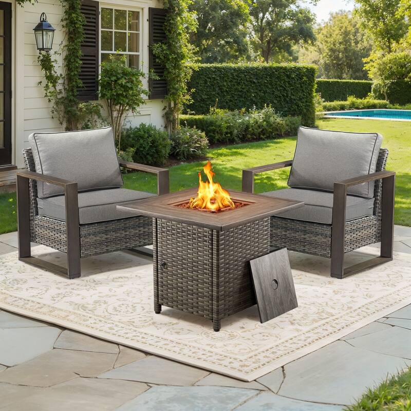 Meyreso 3-Piece Wicker Patio Conversation Set with Fire Pit & Plush 4.5" Olefin Cushions