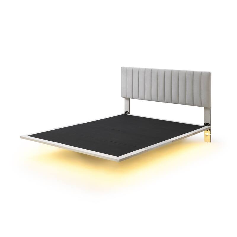 Grey Queen Velvet Upholstered Platform Bed with Sensor Light and Floating Headboard